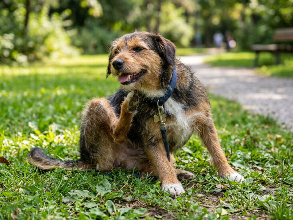 cane meticcio che si gratta al parco