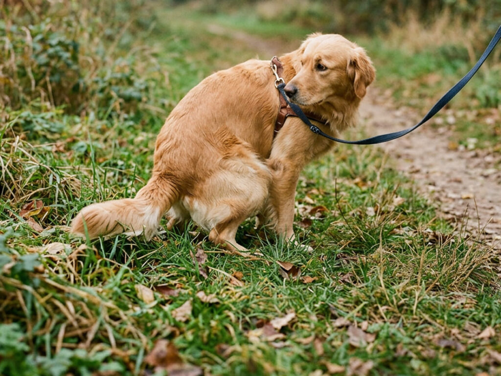 cane al guinzaglio mentre fa i suoi bisogni al parco