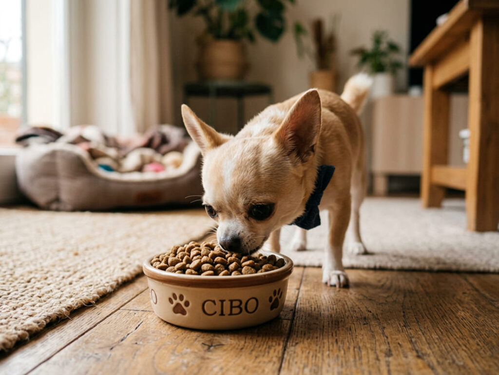 cane toy di piccola taglia con ciotola croccantini