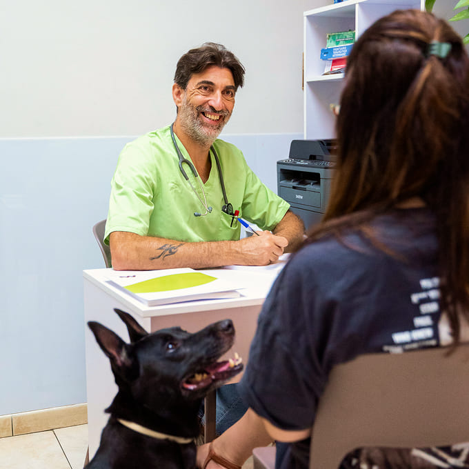 dottore sorridente con camice verde con una donna di spalle e il cane al suo fianco