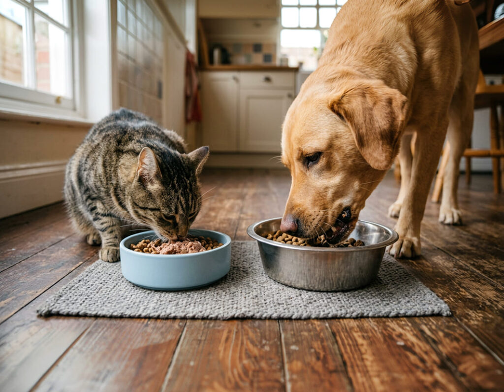 gatto e cane che mangio dalle loro ciotole dei croccantini